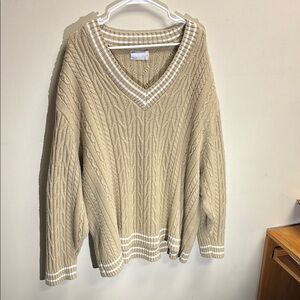 Beige Cable Knit V-Neck Sweater